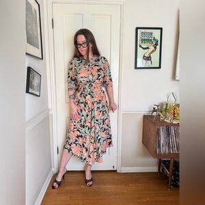 80s Vintage Green Black and Pink Floral Shirt Dress